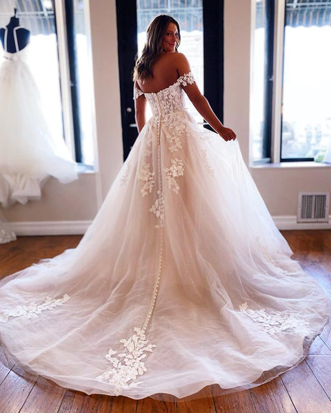 Ball Gown Off the Shoulder Tulle Wedding Dresses with Appliques AB081804