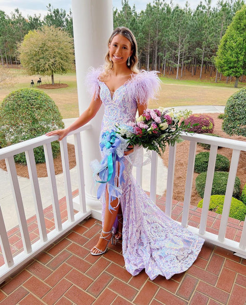 Gorgeous Mermaid Off the Shoulder Lilac Sequins Lace Long Prom Dresses with Side Slit AB061805