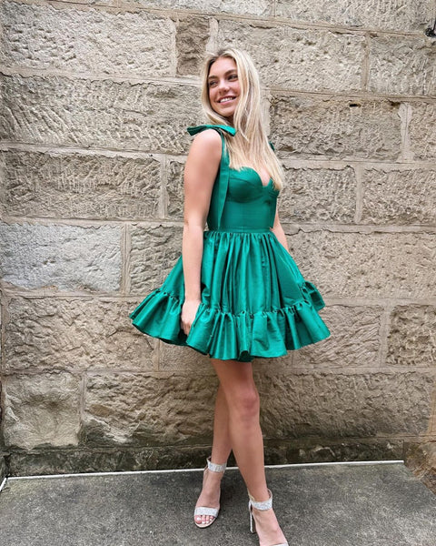Cute A Line Sweetheart Dark Green Satin Short Homecoming Dresses with Bow ABHC061841