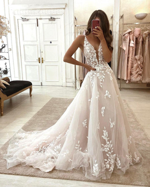 Fairy A Line V Neck Tulle Wedding Dresses with Appliques AB101802