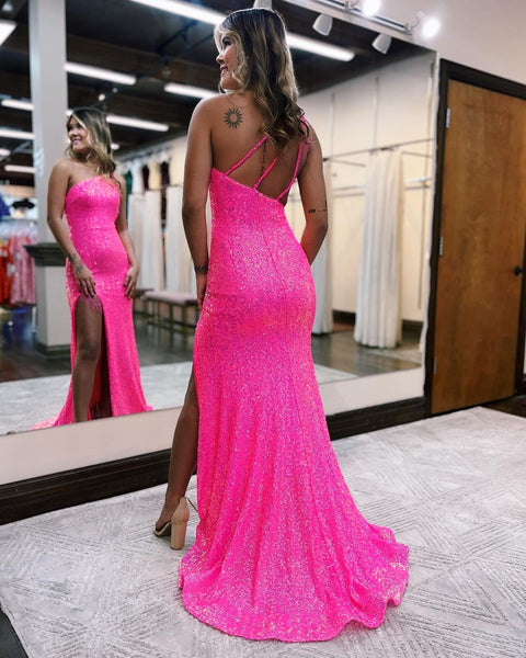 Cute Mermaid One Shoulder Hot Pink Sequins Prom Dresses with Beading AB030302