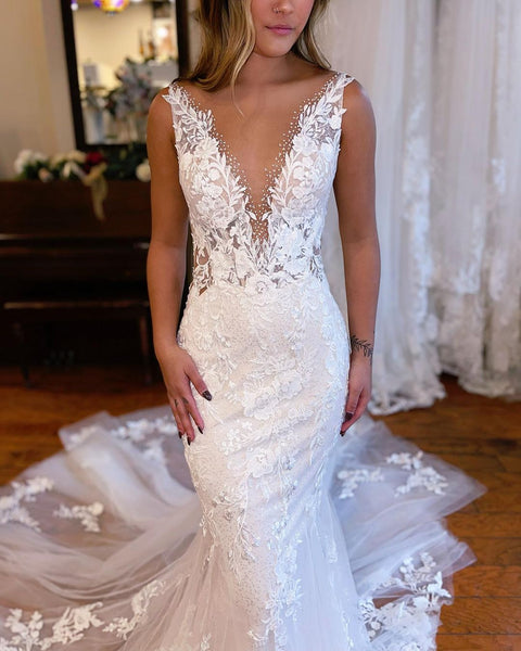 Elegant Mermaid Deep V Neck Lace Wedding Dresses with Beading AB120702