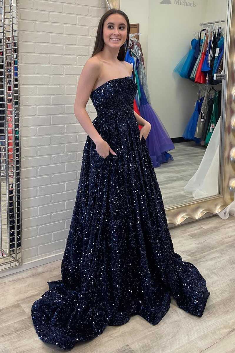 Sparkly A Line Strapless Navy Sequins Long Prom Dresses with Pockets AB091802