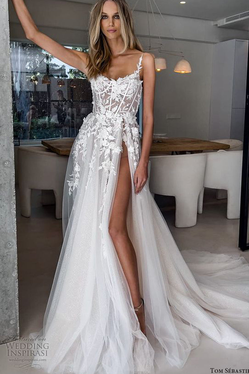 Gorgeous A Line Spaghetti Straps Tulle Wedding Dresses with Appliques ABWD061812