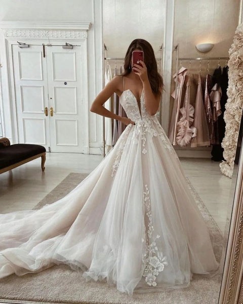Charming A Line V Neck Champagne Tulle Wedding Dresses with Appliques AB100607