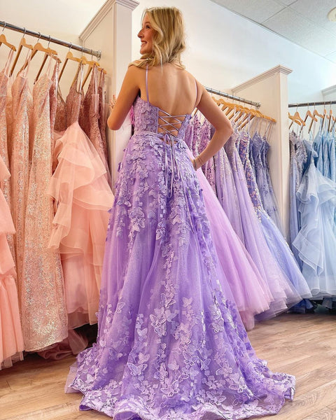 Charming A Line Sweetheart Light Purple Lace Long Prom Dresses AB12002