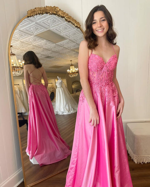 Cute A Line Scoop Neck Pink Satin Prom Dresses AB13002