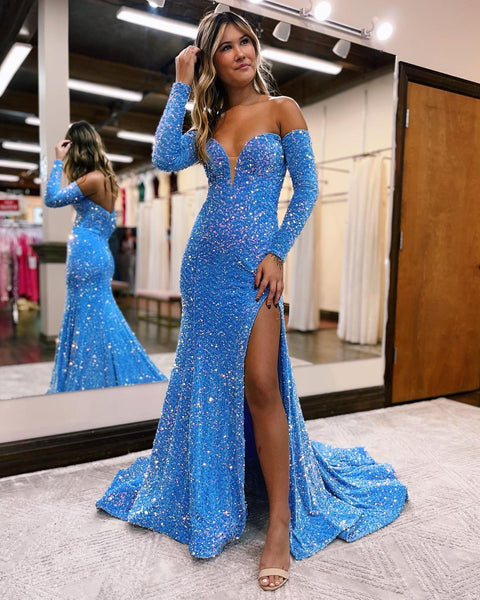 Charming Off the Shoulder Blue Velvet Sequins Prom Dresses with Long Sleeves AB21001
