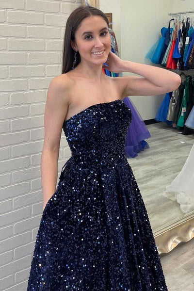 Sparkly A Line Strapless Navy Sequins Long Prom Dresses with Pockets AB091802