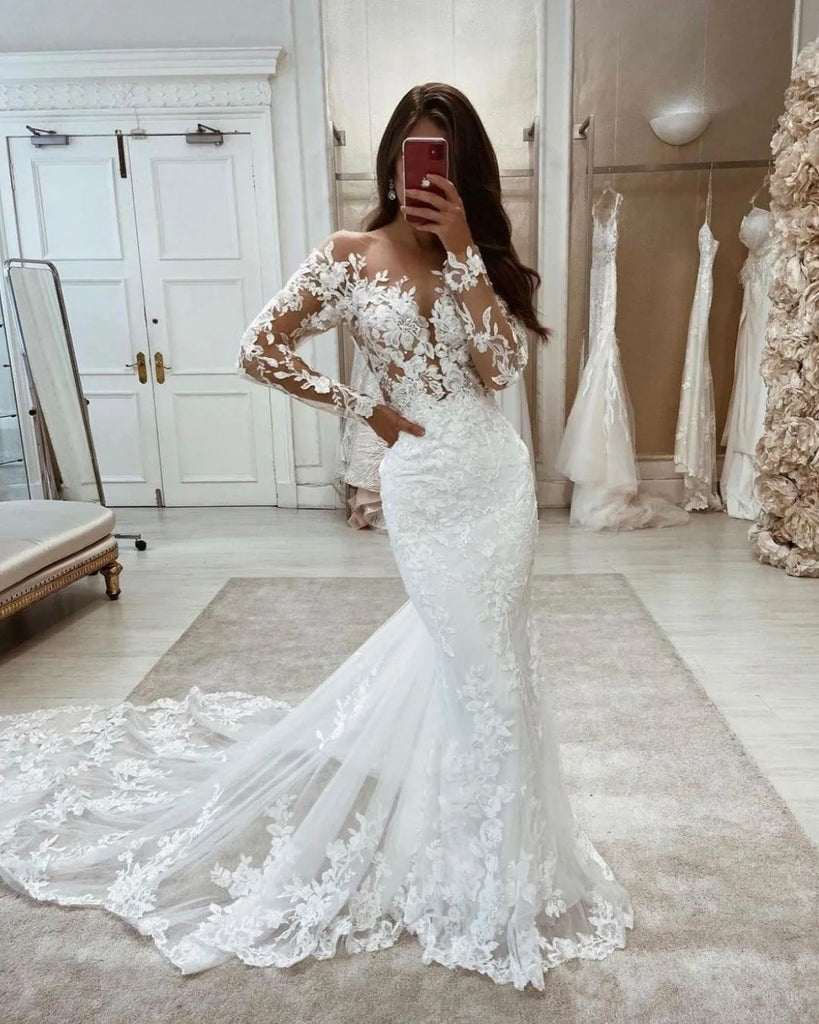 Charming Mermaid Bateau Neck Long Sleeves Wedding Dresses with Appliques AB100606 Anniebride Charming Mermaid Bateau Neck Long Sleeves Wedding Dresses with Appliques AB100606 Anniebride