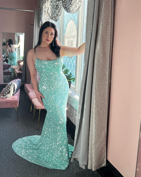 Sparkly Mermaid Scoop Neck Mint Sequins Prom Dresses with Lace-up Back AB111004