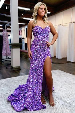 Cute Mermaid Sweetheart Light Purple Sequins Long Prom Dresses with Slit AB12305