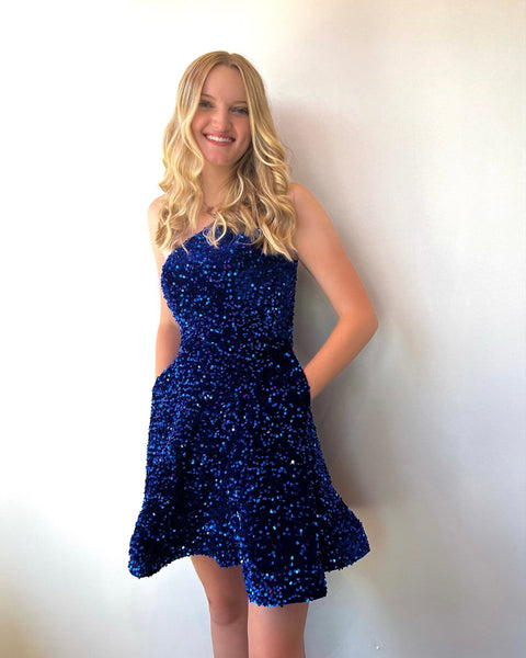 Cute A Line One Shoulder Royal Blue Sequins Short Hoco Dresses with Pockets
