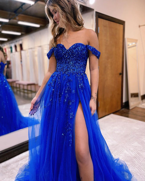 Cute A Line Off the Shoulder Royal Blue Prom Dresses with Appliques AB122005