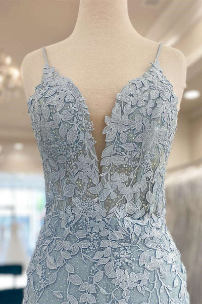 Cute Bodycon V Neck Light Blue Lace Homecoming Dresses with Beading AB090305