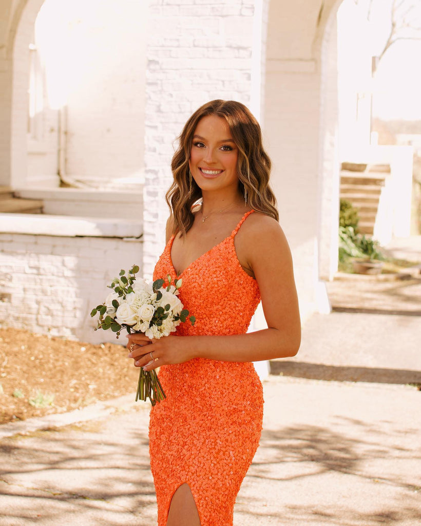 Cute Mermaid V Neck Straps Orange Sequins Prom Dresses with Slit AB081504 Anniebride Cute Mermaid V Neck Straps Orange Sequins Prom Dresses with Slit AB081504 Anniebride