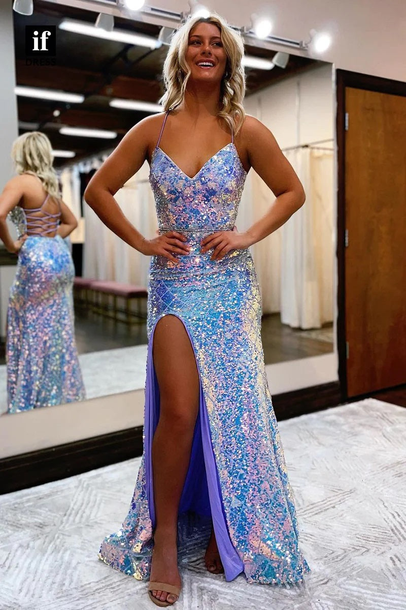 Charming Mermaid V Neck Blue Sequins Long Prom Dresses with Slit AB12301