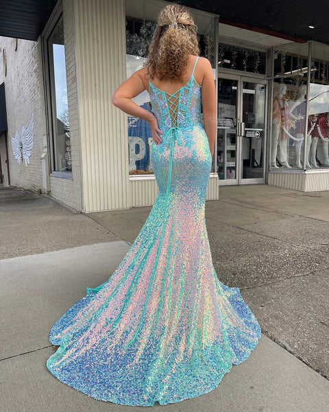 Cute Mermaid Scoop Neck Sequins Prom Dresses with Lace AB123102