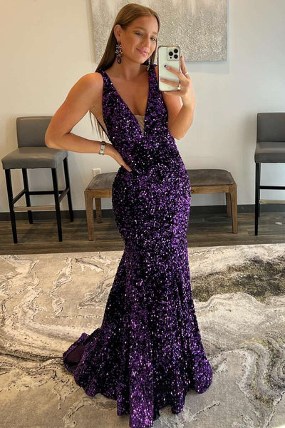 Charming Mermaid Deep V Neck Purple Sequins Long Prom Dresses AB090303