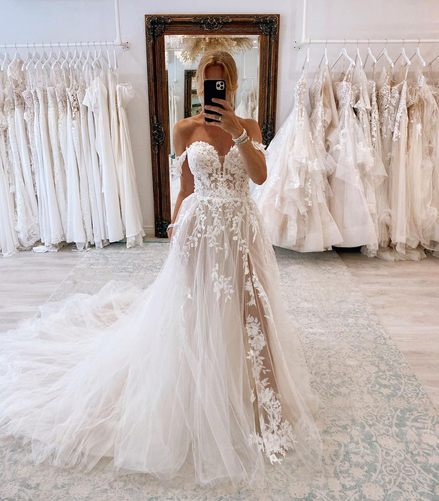 Charming A Line Sweetheart Tulle Wedding Dresses with Appliques AB1104 Anniebride Charming A Line Sweetheart Tulle Wedding Dresses with Appliques AB1104 Anniebride