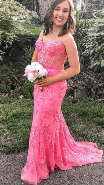 Cute Mermaid Sweetheart Hot Pink Lace Prom Dresses with Cross Back AB081502