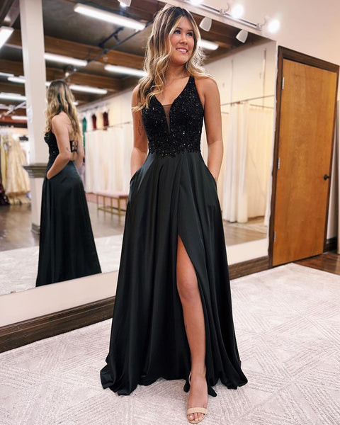 Cute A Line A Line Beaded Black Satin Prom Dresses with Pockets AB20403