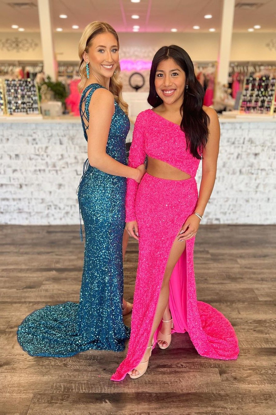Charming Mermaid Hot Pink Sequins Long Sleeves Prom Dresses with Slit AB110205