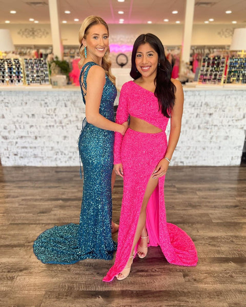 Charming Mermaid Hot Pink Sequins Long Sleeves Prom Dresses with Slit AB110205