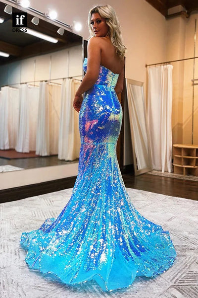 Charming Mermaid Sweetheart Blue Sequins Long Prom Dresses with Slit AB12303