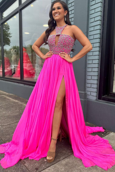 Beautiful A-Line Halter Hot Pink Chiffon Long Prom Dresses with Beading AB061807