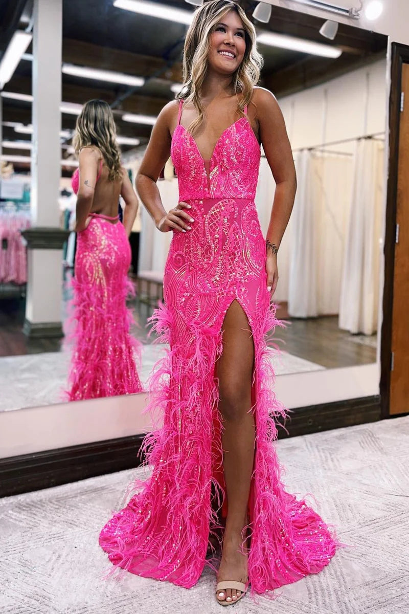 Cute Mermaid V Neck Hot Pink Sequins Long Prom Dress with Feather AB4010201 – Anniebride