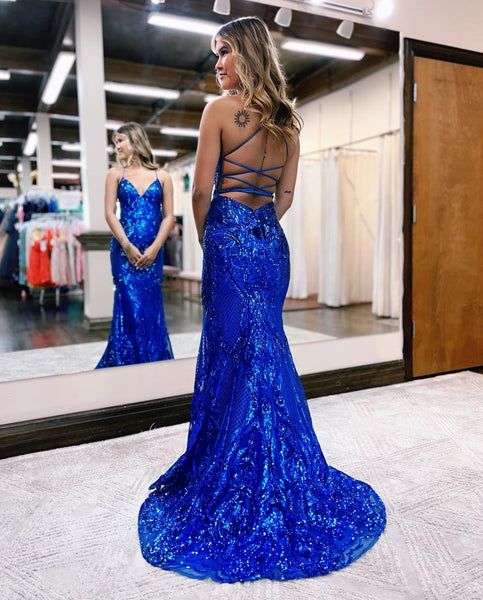 Charming Mermaid V Neck Royal Blue Sequins Long Prom Dresses AB121903