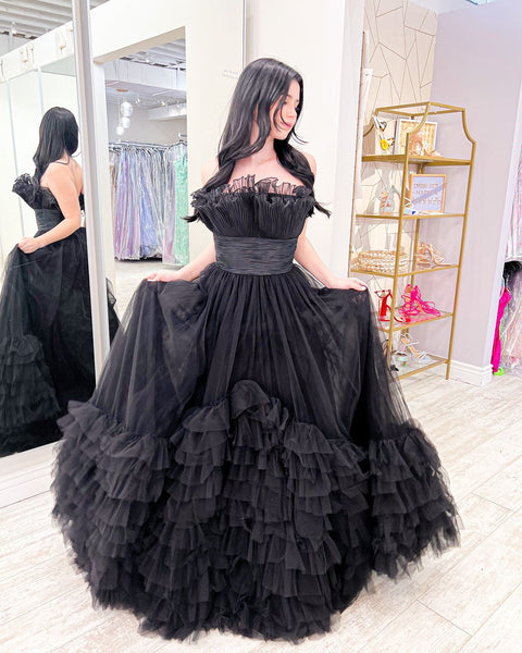 Cute Ball Gown Black Tulle Prom Dresses AB11902