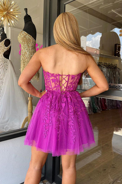 Cute A Line Sweetheart Fuchsia Tulle Short Homecoming Dresses with Appliques AB071702