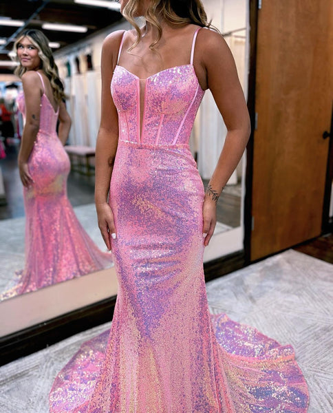 Sparkly Mermaid Sweetheart Pink Sequins Long Prom Dresses AB111303