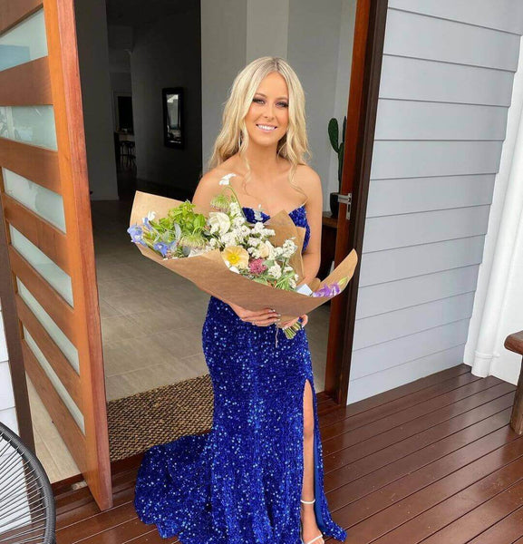 Charming Mermaid Sweetheart Royalblue Sequins Long Prom Dresses with Slit AB12304