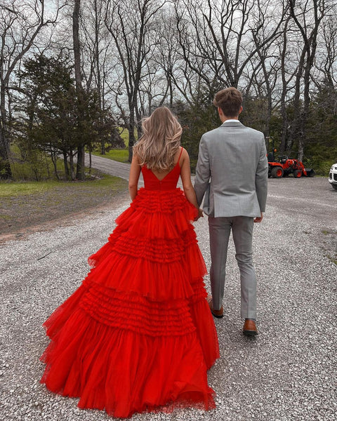 Cute Sweet Ball Gown V Neck Red Tulle Long Prom Dresses AB20102