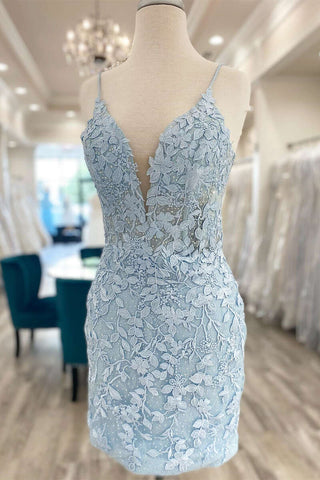 Cute Bodycon V Neck Light Blue Lace Homecoming Dresses with Beading AB090305