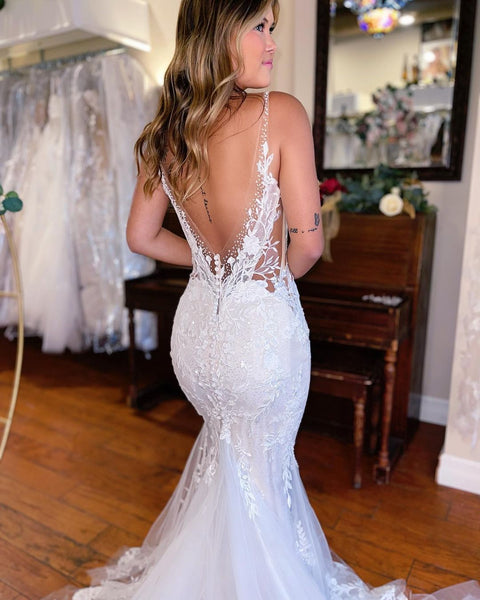 Elegant Mermaid Deep V Neck Lace Wedding Dresses with Beading AB120702