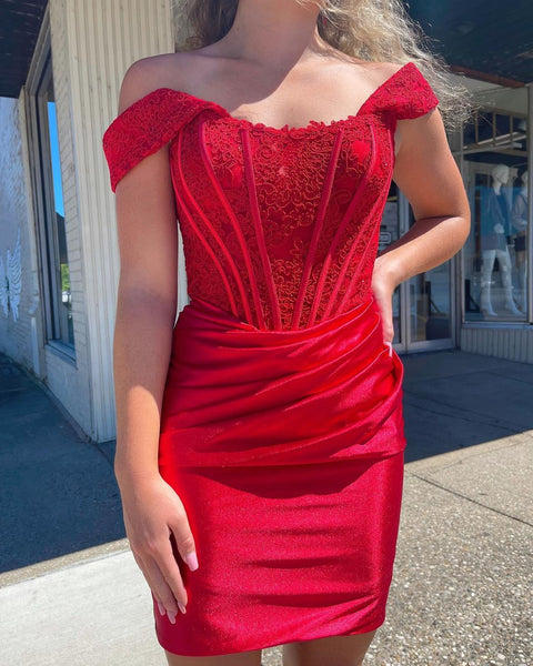 Cute Bodycon Off the Shoulder Red Satin Homecoming Dresses with Lace AB090101