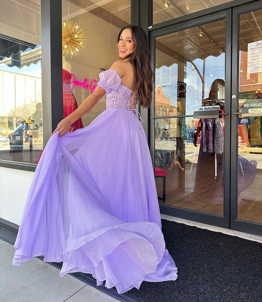 Charming A Line Sweetheart Lavender Chiffon Prom Dresses with Lace AB22502