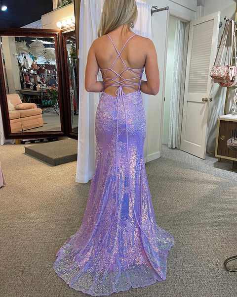 Cute Mermaid V Neck Lavender Sequins Prom Dresses with Slit AB123105