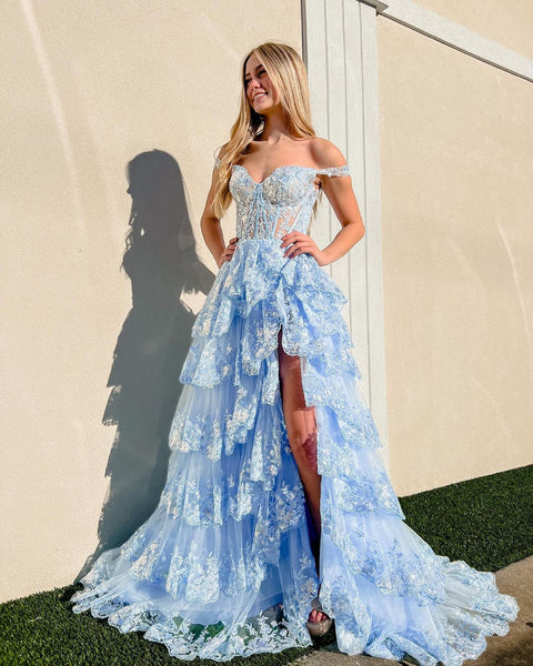 Cute A Line Off the Shoulder Light Blue Sequins Lace Long Prom Dresses with Slit AB12702