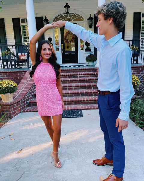 Cute Bodycon Halter Pink Lace Short Homecoming Dresses AB100305