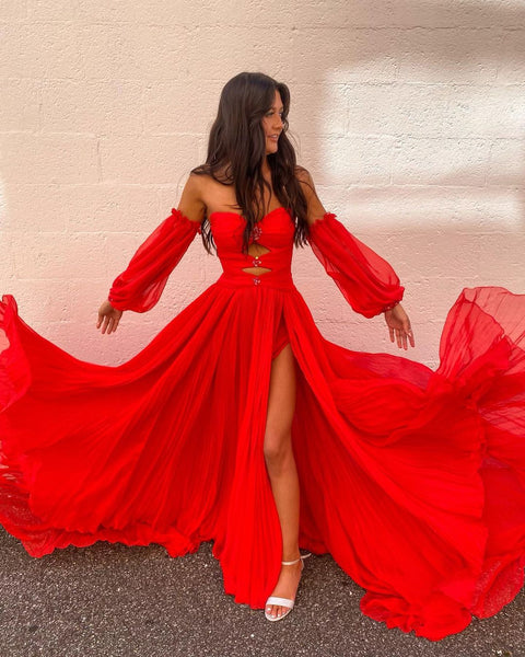 Charming A Line Sweetheart Long Sleeves Red Chiffon Long Prom Dresses with Slit AB100801