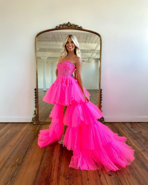 Cute A Line Sweetheart Hot Pink Prom Dresses with Lace AB22501