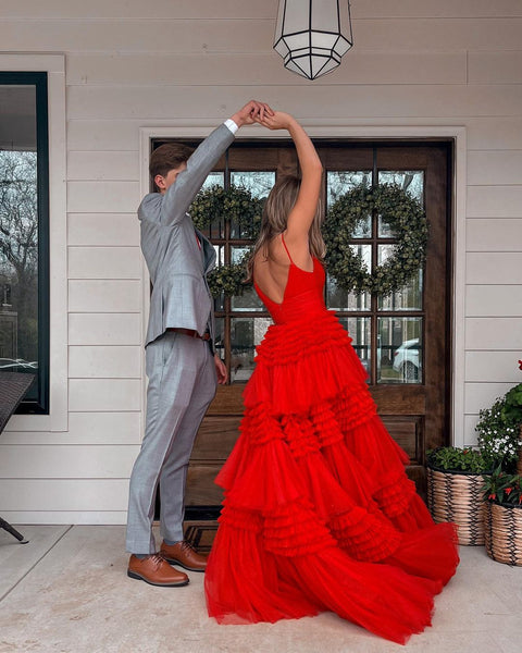 Cute Sweet Ball Gown V Neck Red Tulle Long Prom Dresses AB20102