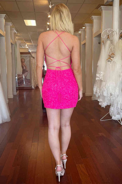 Sparkly Scoop Neck Hot Pink Short Hoco Dresses with Cross Back  AB082404