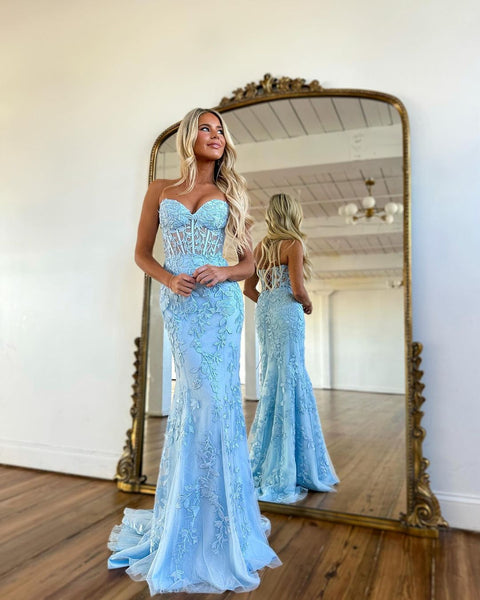 Cute Mermaid Sweetheart Light Blue Lace Prom Dresses AB21701