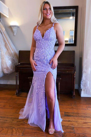 Charming Mermaid V Neck Lavender Lace Prom Dresses with Appliques AB091203